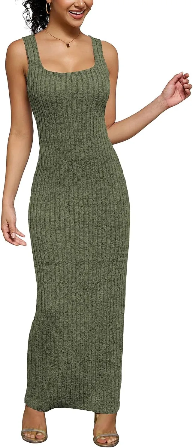 PINSV Women's Bodycon Maxi Dress Stretchy Sleeveless Tank Dress Summer Long Ribbed Casual Beach Party Dress