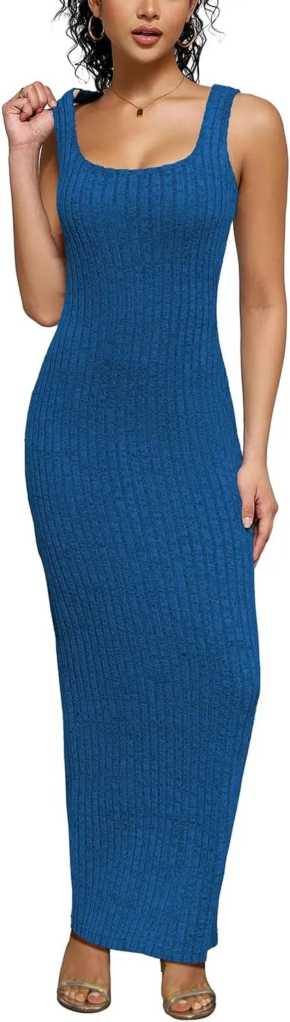 PINSV Women's Bodycon Maxi Dress Stretchy Sleeveless Tank Dress Summer Long Ribbed Casual Beach Party Dress