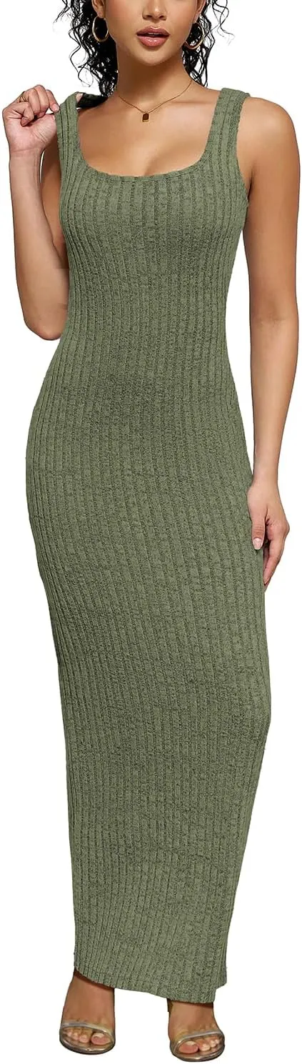 PINSV Women's Bodycon Maxi Dress Stretchy Sleeveless Tank Dress Summer Long Ribbed Casual Beach Party Dress