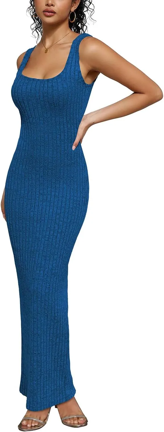 PINSV Women's Bodycon Maxi Dress Stretchy Sleeveless Tank Dress Summer Long Ribbed Casual Beach Party Dress