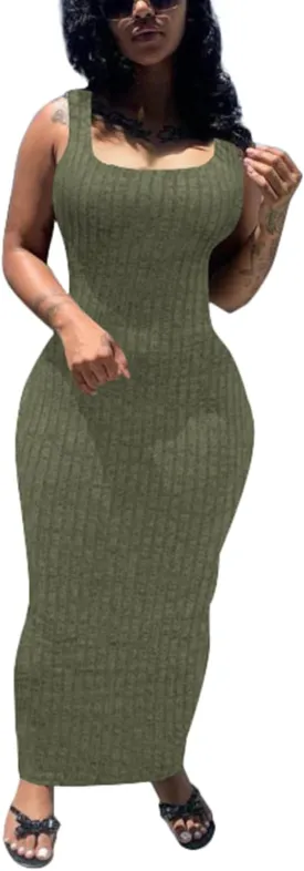 PINSV Women's Bodycon Maxi Dress Stretchy Sleeveless Tank Dress Summer Long Ribbed Casual Beach Party Dress