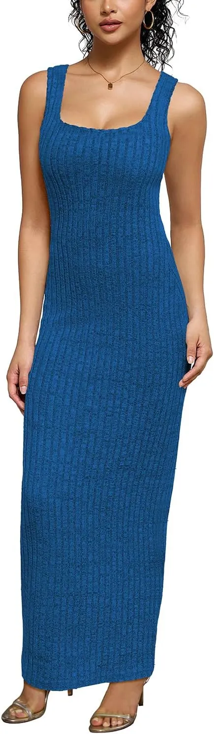 PINSV Women's Bodycon Maxi Dress Stretchy Sleeveless Tank Dress Summer Long Ribbed Casual Beach Party Dress