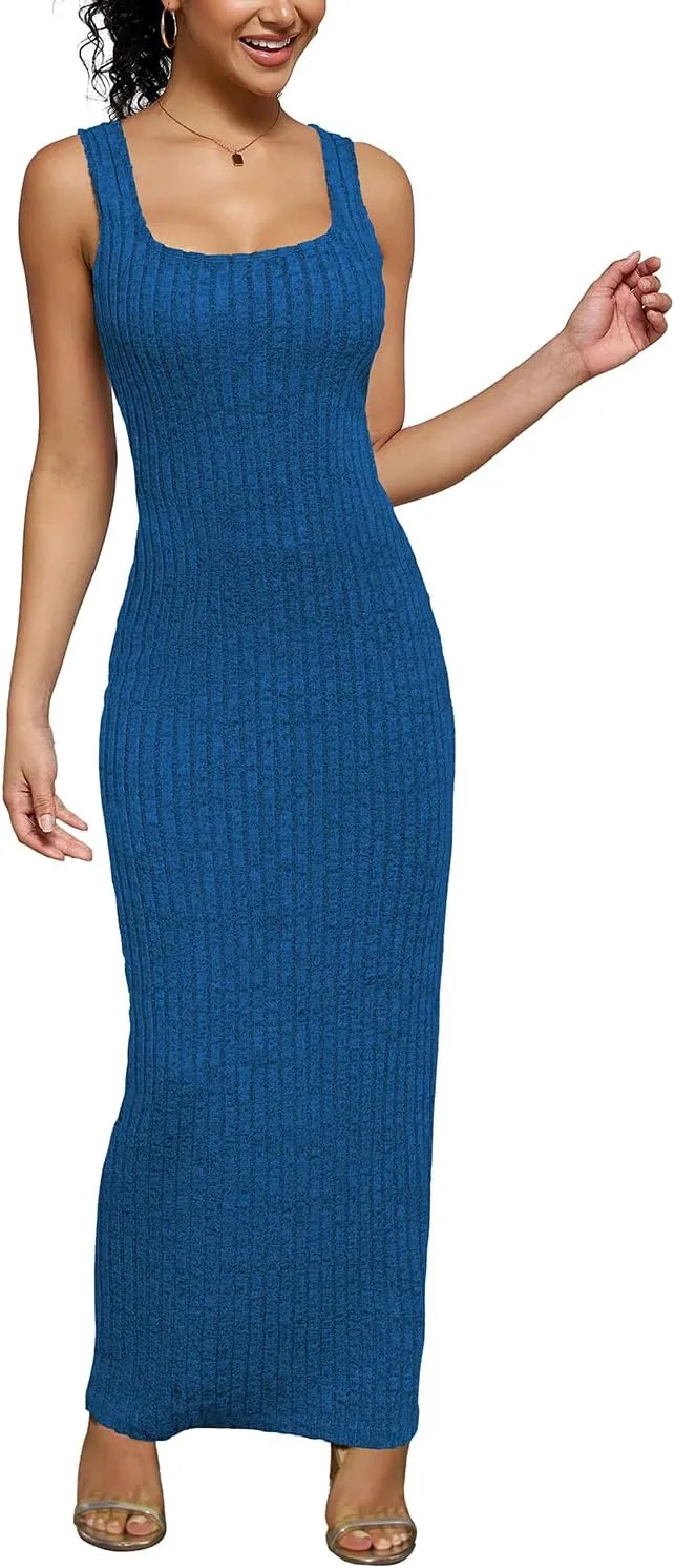 PINSV Women's Bodycon Maxi Dress Stretchy Sleeveless Tank Dress Summer Long Ribbed Casual Beach Party Dress