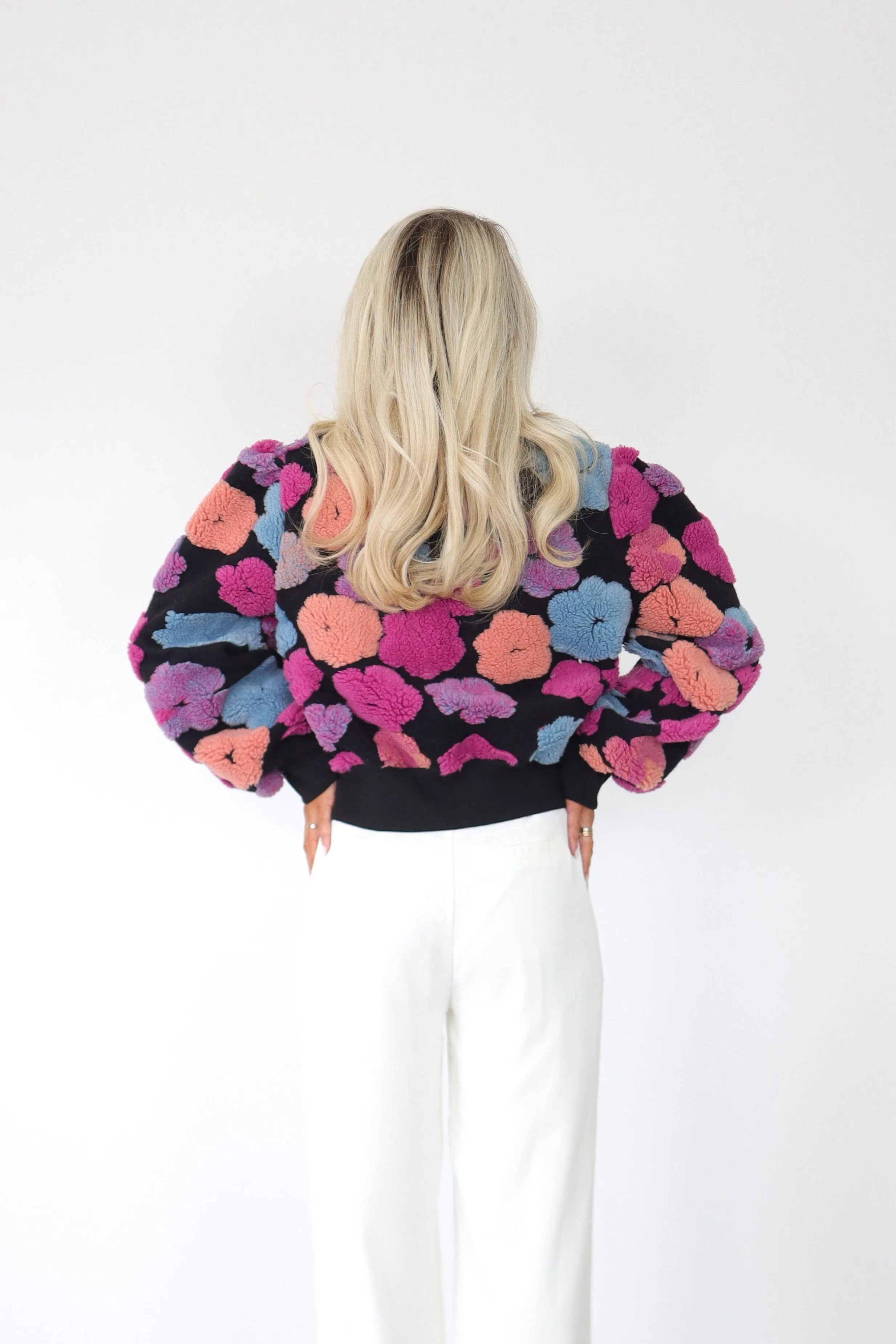 The Floral Cropped Bomber Jacket, Black/Pink