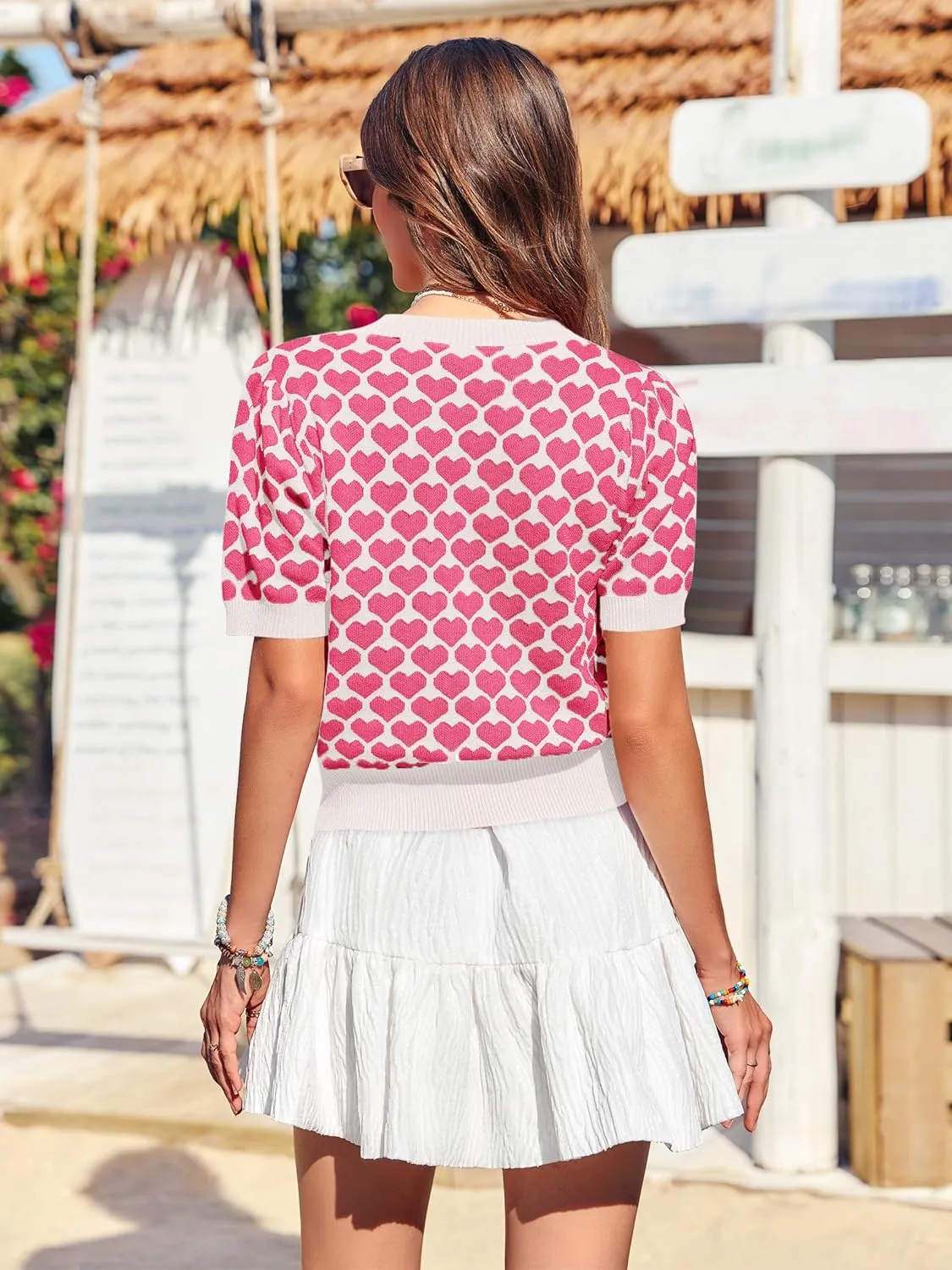 Women Puff Short Sleeve Sweater Casual Cropped Knit Shirts Cute Heart Holidays Graphic Print Pullover Jumper Tops 2025