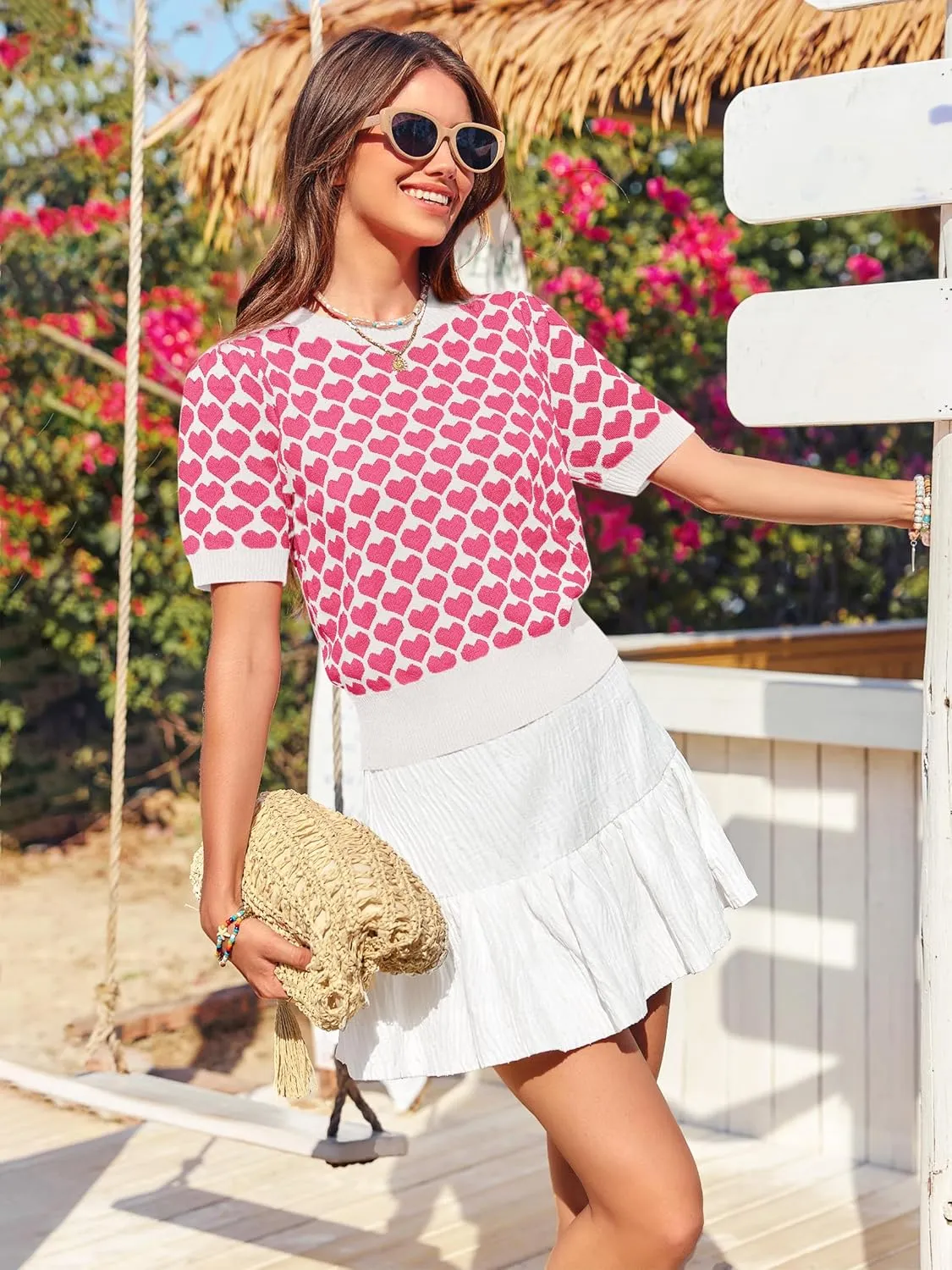 Women Puff Short Sleeve Sweater Casual Cropped Knit Shirts Cute Heart Holidays Graphic Print Pullover Jumper Tops 2025