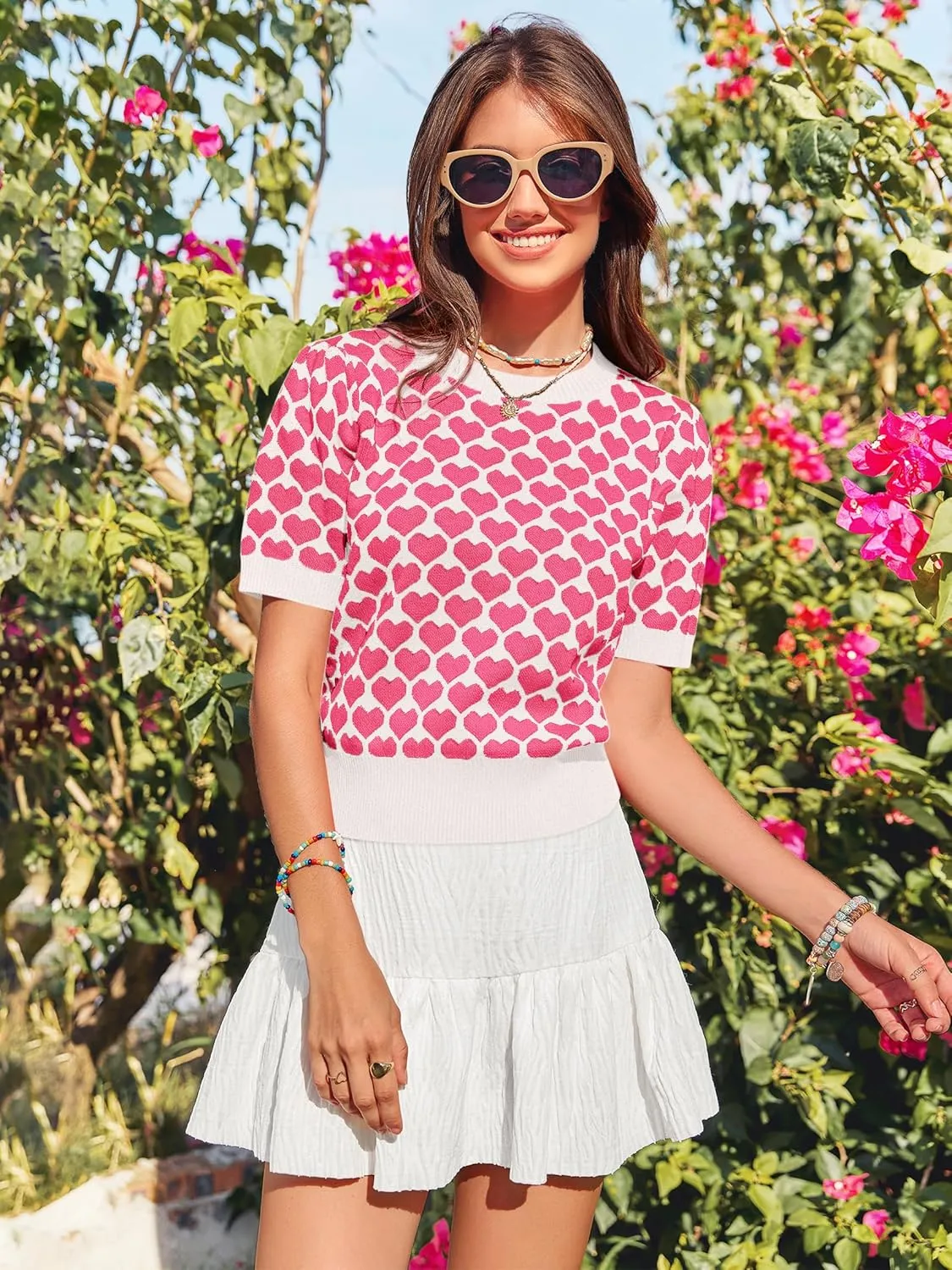 Women Puff Short Sleeve Sweater Casual Cropped Knit Shirts Cute Heart Holidays Graphic Print Pullover Jumper Tops 2025