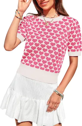 Women Puff Short Sleeve Sweater Casual Cropped Knit Shirts Cute Heart Holidays Graphic Print Pullover Jumper Tops 2025