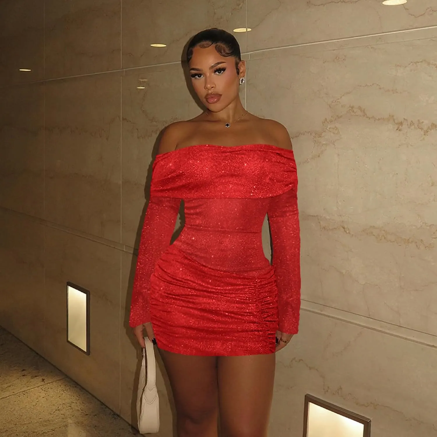 Women Sexy Off Shoulder Bodycon Mini Dress Mesh Sheer Ruched Sparkly Flared Long Sleeve Y2K Dress Club Night Out Dresses