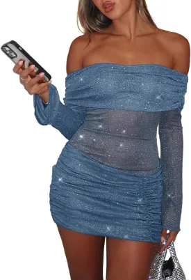 Women Sexy Off Shoulder Bodycon Mini Dress Mesh Sheer Ruched Sparkly Flared Long Sleeve Y2K Dress Club Night Out Dresses