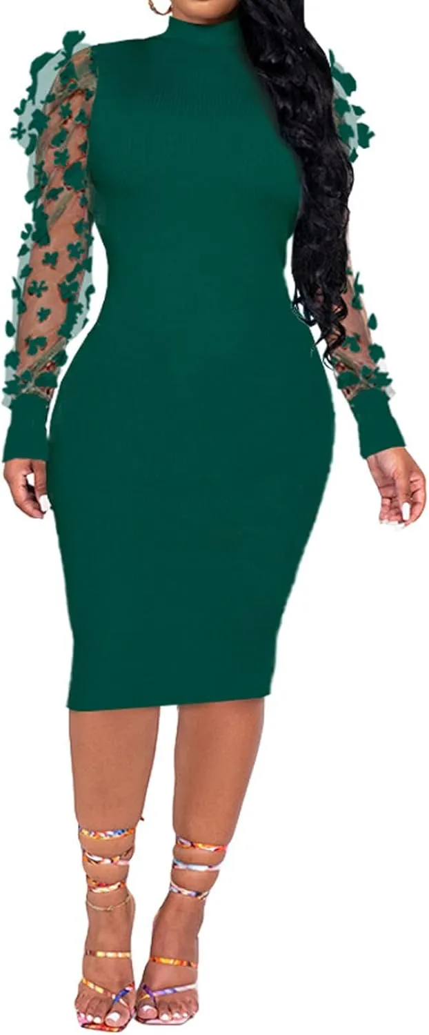 Women's Elegant Lace Ruffle Long Sleeve Bodycon Ribbed Dress Turtle Neck Slim Fit Midi Dress Night Club Party Pencil Dresses