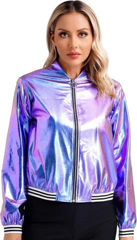Women's Holographic Party Shimmering Shiny Lightweight Zipper Metallic Bomber Jacket Carnival Costume