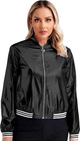Women's Holographic Party Shimmering Shiny Lightweight Zipper Metallic Bomber Jacket Carnival Costume