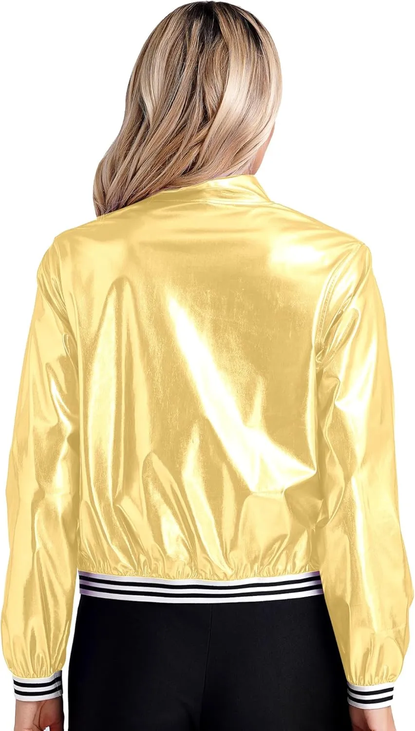 Women's Holographic Party Shimmering Shiny Lightweight Zipper Metallic Bomber Jacket Carnival Costume