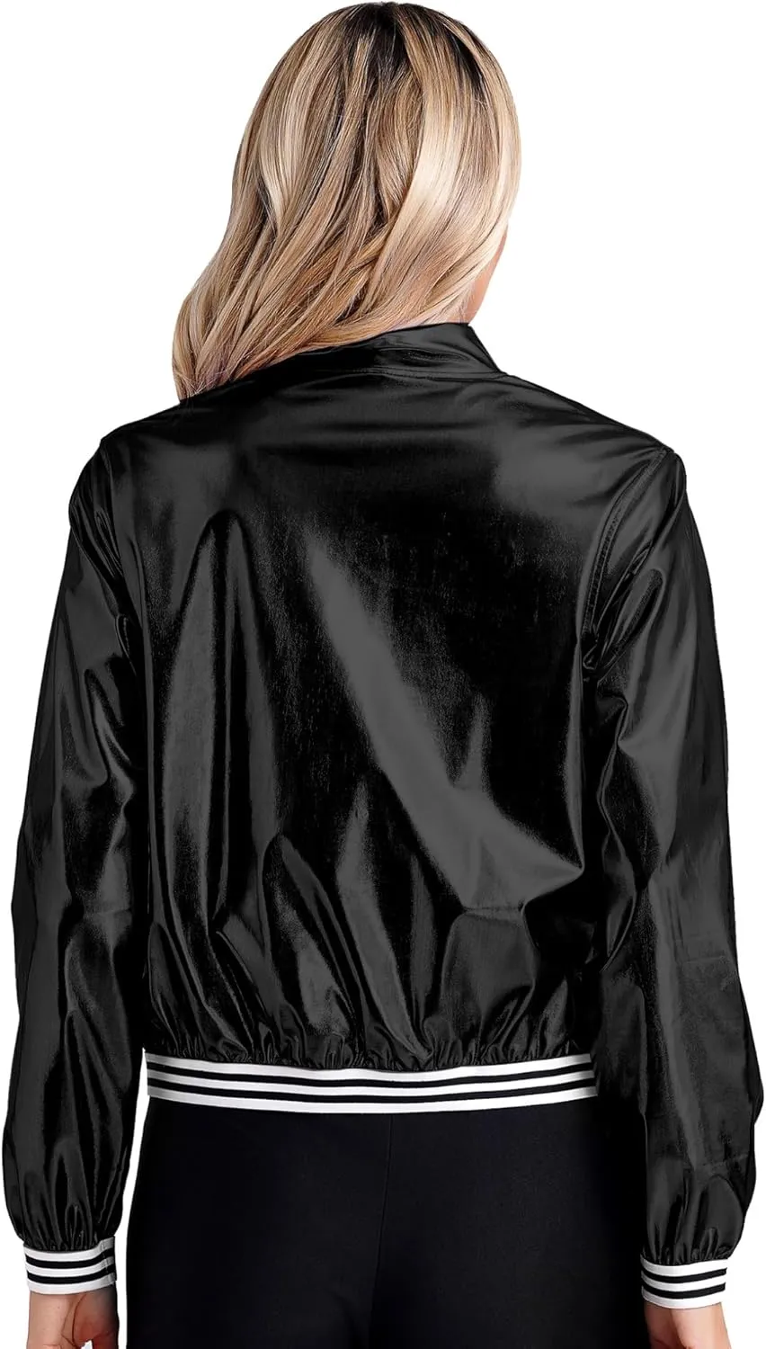 Women's Holographic Party Shimmering Shiny Lightweight Zipper Metallic Bomber Jacket Carnival Costume