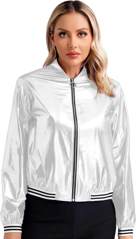 Women's Holographic Party Shimmering Shiny Lightweight Zipper Metallic Bomber Jacket Carnival Costume