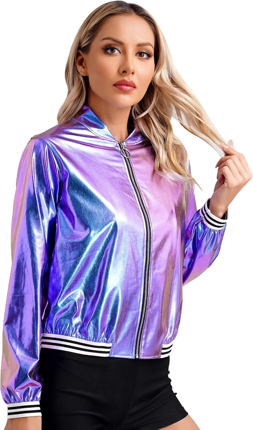 Women's Holographic Party Shimmering Shiny Lightweight Zipper Metallic Bomber Jacket Carnival Costume