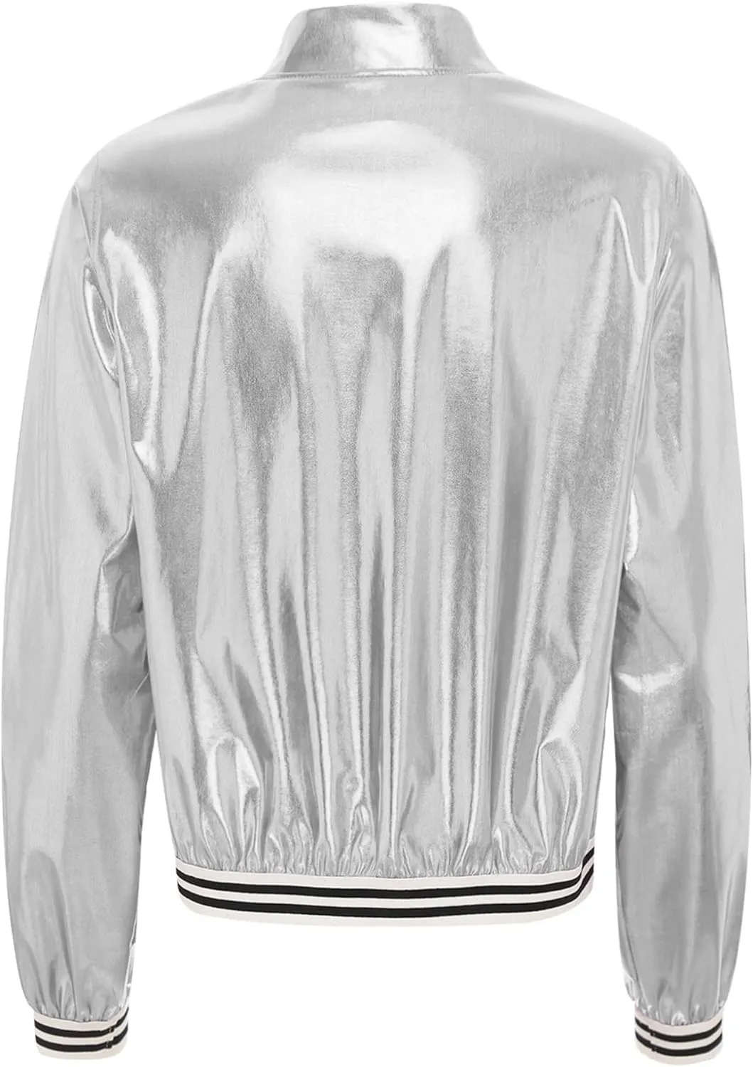 Women's Holographic Party Shimmering Shiny Lightweight Zipper Metallic Bomber Jacket Carnival Costume