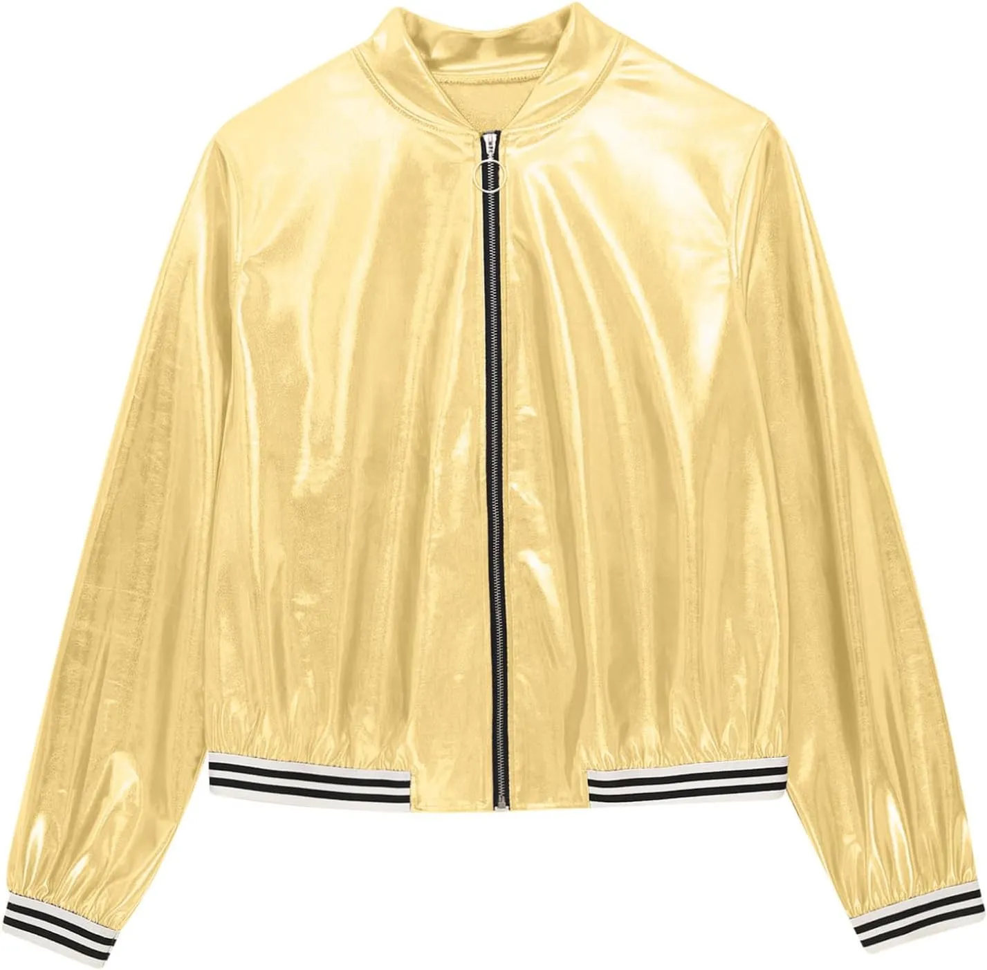 Women's Holographic Party Shimmering Shiny Lightweight Zipper Metallic Bomber Jacket Carnival Costume