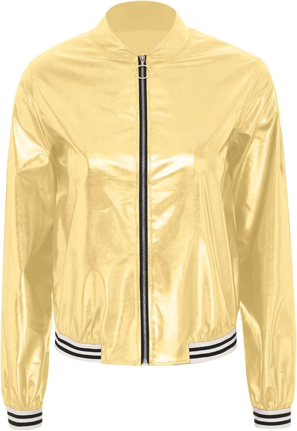 Women's Holographic Party Shimmering Shiny Lightweight Zipper Metallic Bomber Jacket Carnival Costume