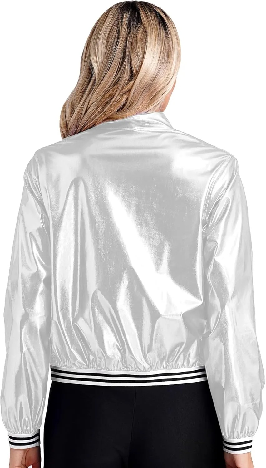 Women's Holographic Party Shimmering Shiny Lightweight Zipper Metallic Bomber Jacket Carnival Costume