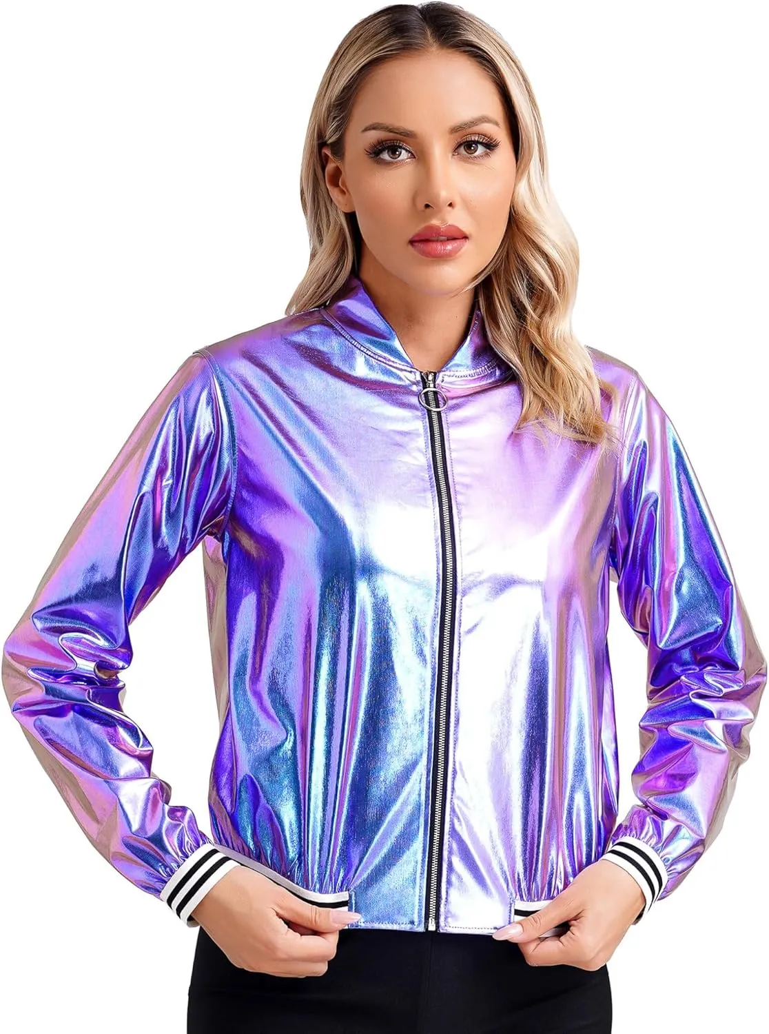 Women's Holographic Party Shimmering Shiny Lightweight Zipper Metallic Bomber Jacket Carnival Costume