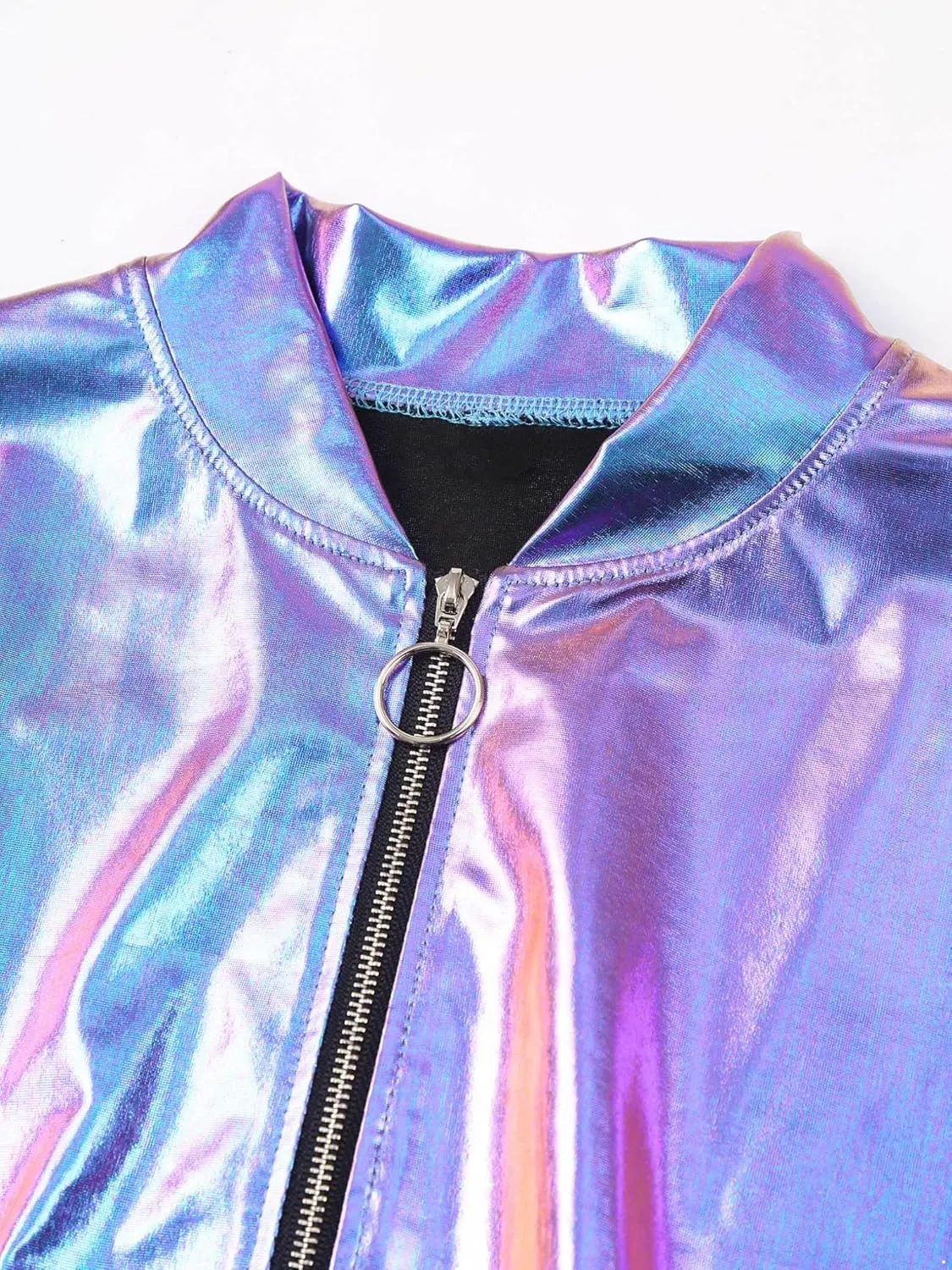 Women's Holographic Party Shimmering Shiny Lightweight Zipper Metallic Bomber Jacket Carnival Costume