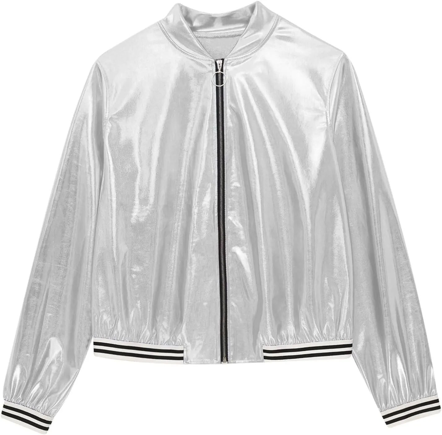 Women's Holographic Party Shimmering Shiny Lightweight Zipper Metallic Bomber Jacket Carnival Costume