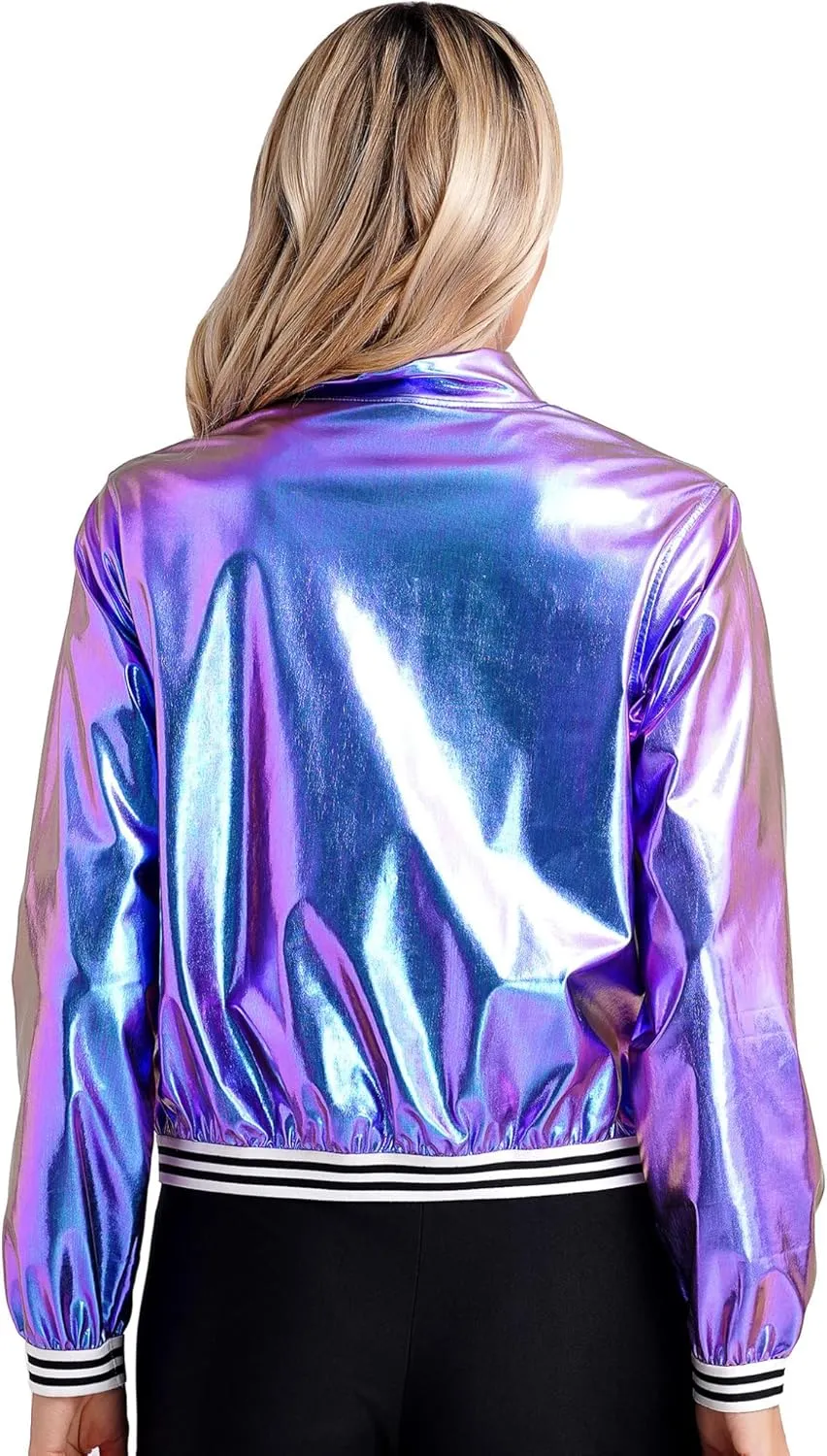 Women's Holographic Party Shimmering Shiny Lightweight Zipper Metallic Bomber Jacket Carnival Costume