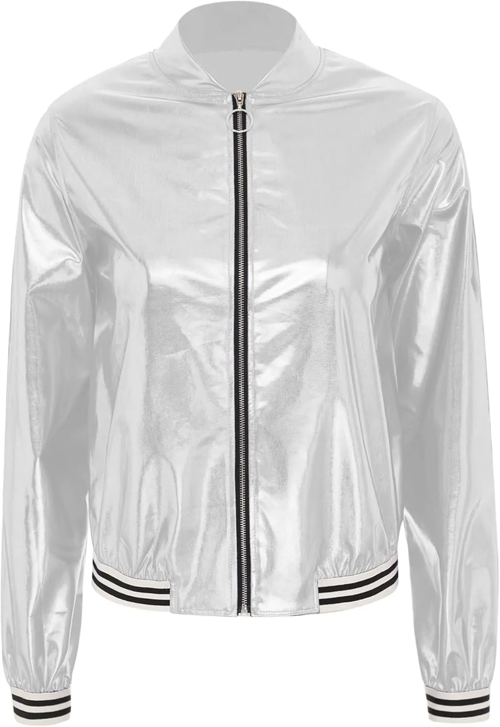 Women's Holographic Party Shimmering Shiny Lightweight Zipper Metallic Bomber Jacket Carnival Costume