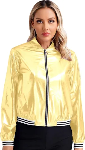 Women's Holographic Party Shimmering Shiny Lightweight Zipper Metallic Bomber Jacket Carnival Costume