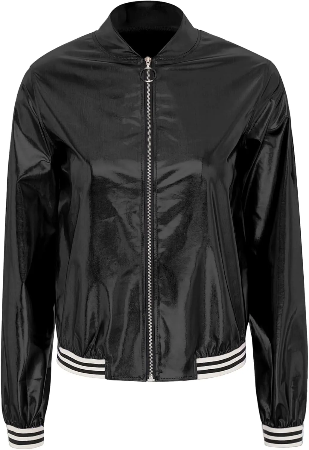 Women's Holographic Party Shimmering Shiny Lightweight Zipper Metallic Bomber Jacket Carnival Costume