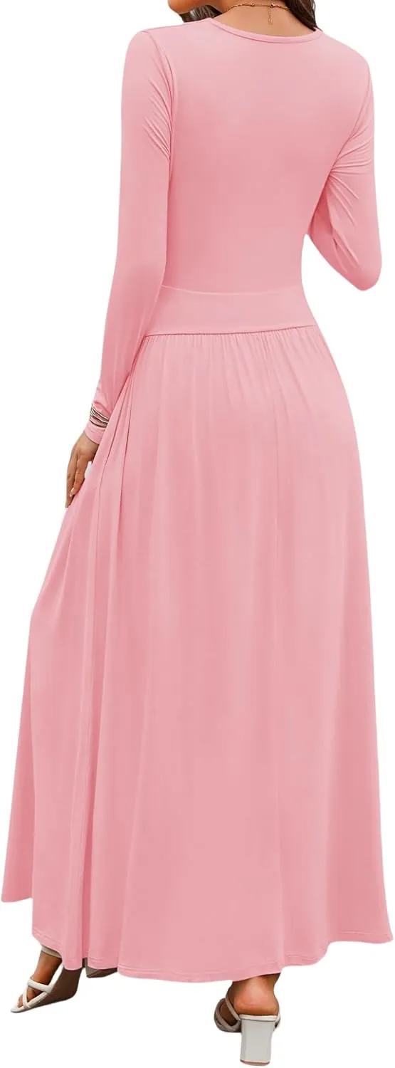 Women's Knitted Dresses Crewneck Long Sleeve Maxi Dress 2025 Casual Trendy Slim Swing Pleated Dresses with Pockets