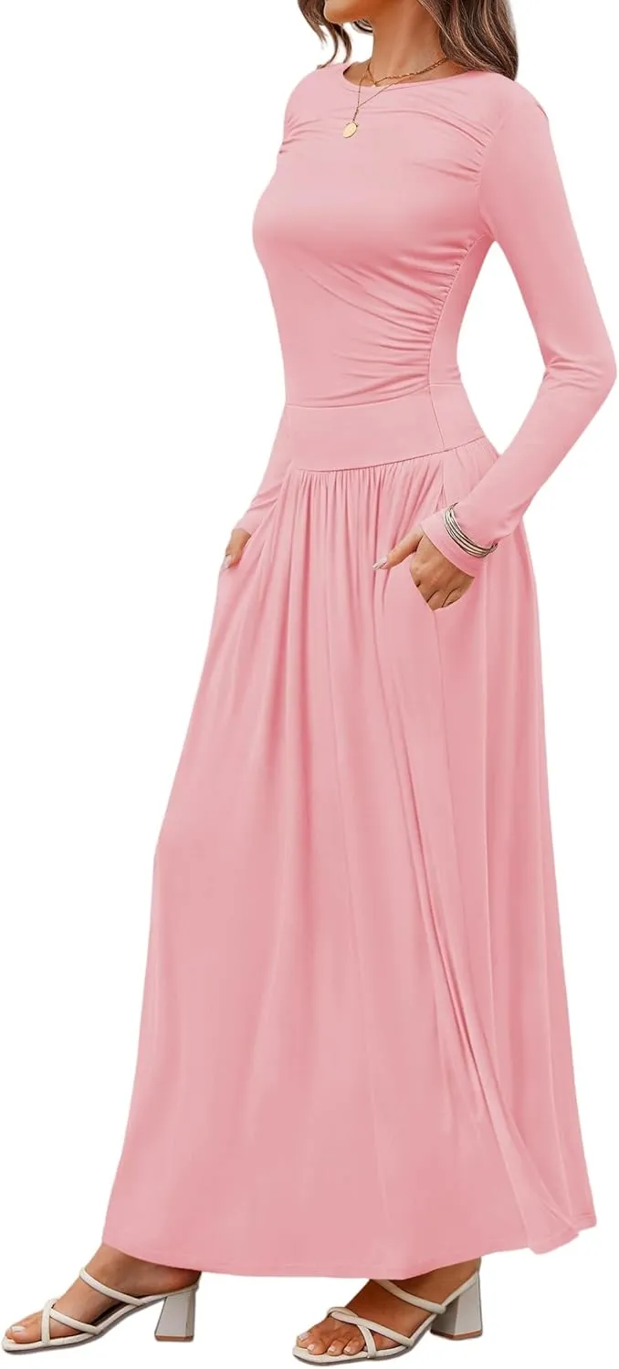 Women's Knitted Dresses Crewneck Long Sleeve Maxi Dress 2025 Casual Trendy Slim Swing Pleated Dresses with Pockets