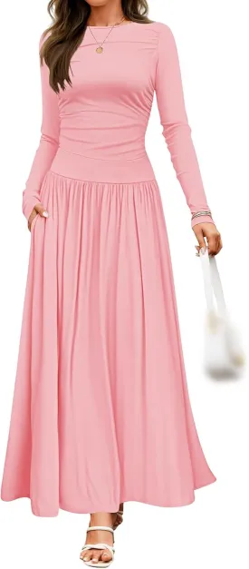 Women's Knitted Dresses Crewneck Long Sleeve Maxi Dress 2025 Casual Trendy Slim Swing Pleated Dresses with Pockets