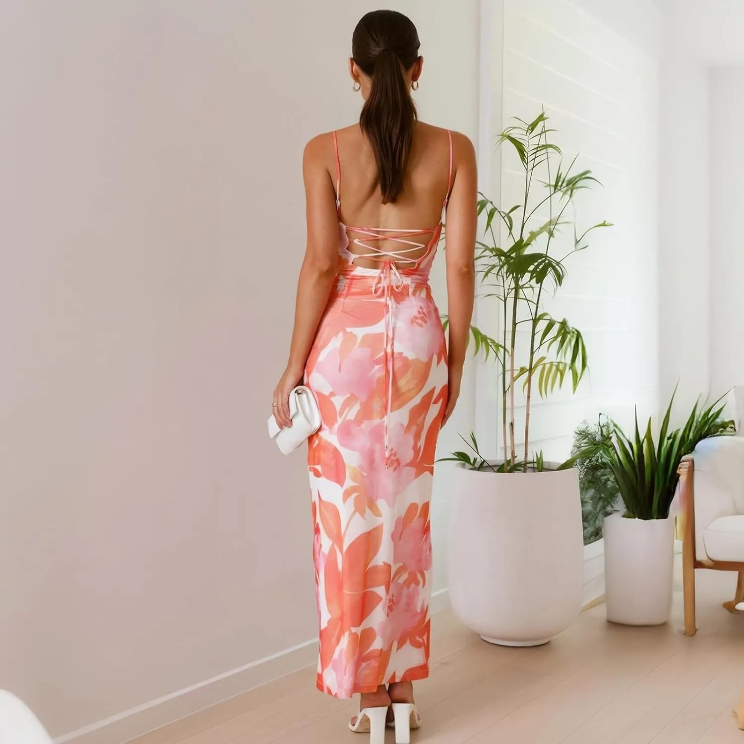 Women's Mesh Ruched Bodycon Dress Floral Spaghetti Strap Maxi Dress Stretch Sexy Backless Slip Long Dresses