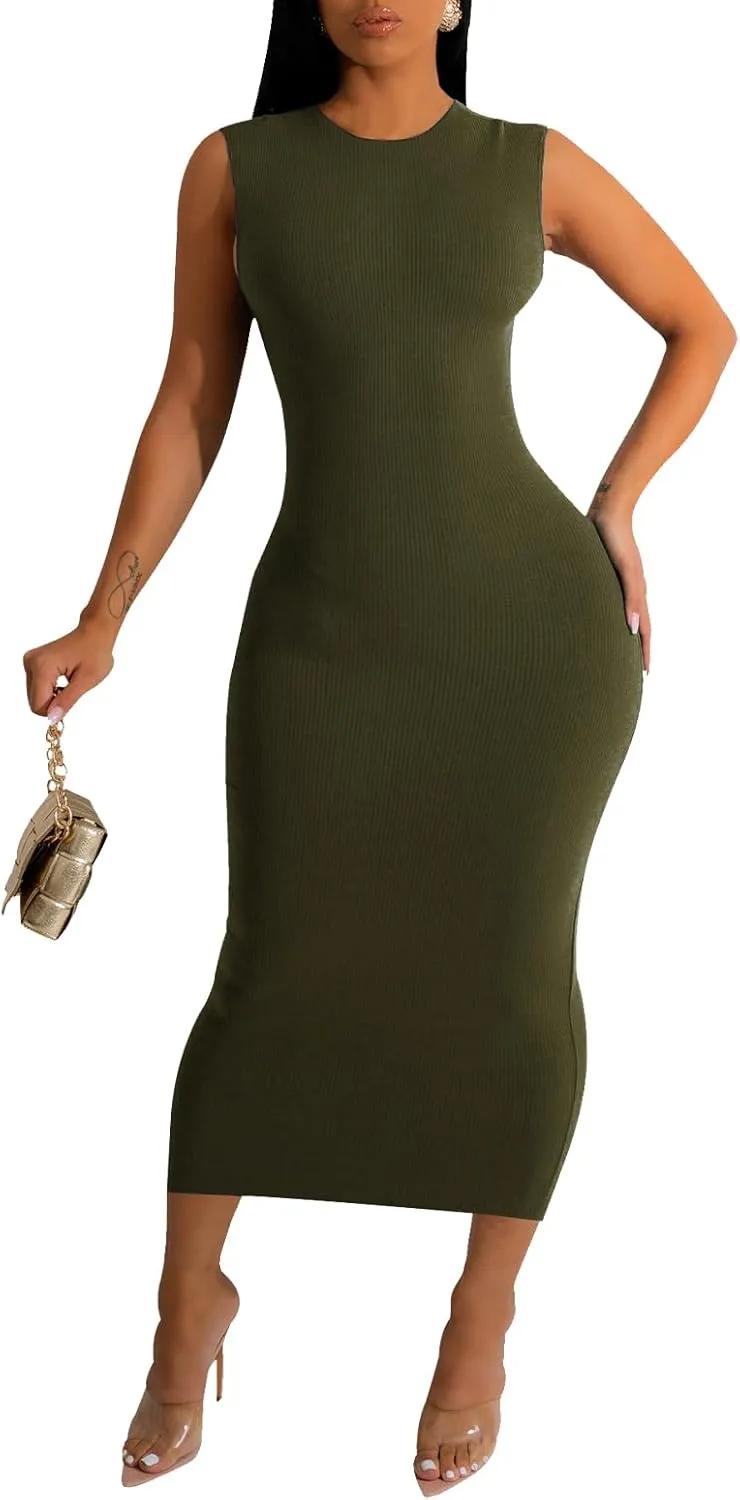 Women's Sexy Casual Bodycon Ribbed Tank Dress Scoop Neck Sleeveless Club Dresses