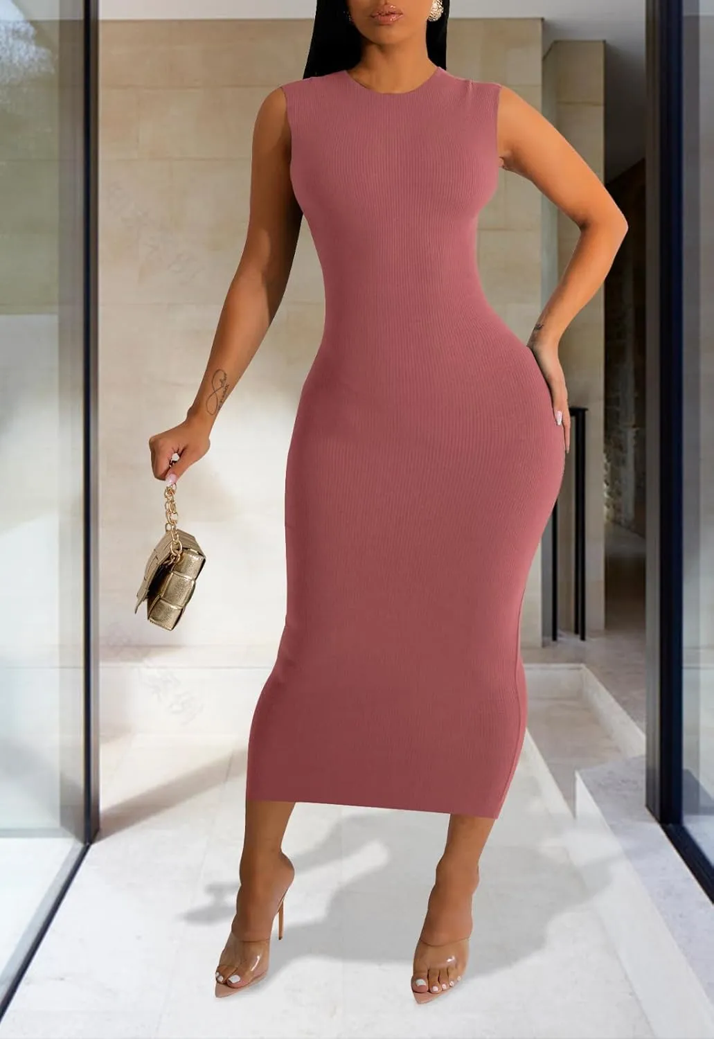 Women's Sexy Casual Bodycon Ribbed Tank Dress Scoop Neck Sleeveless Club Dresses