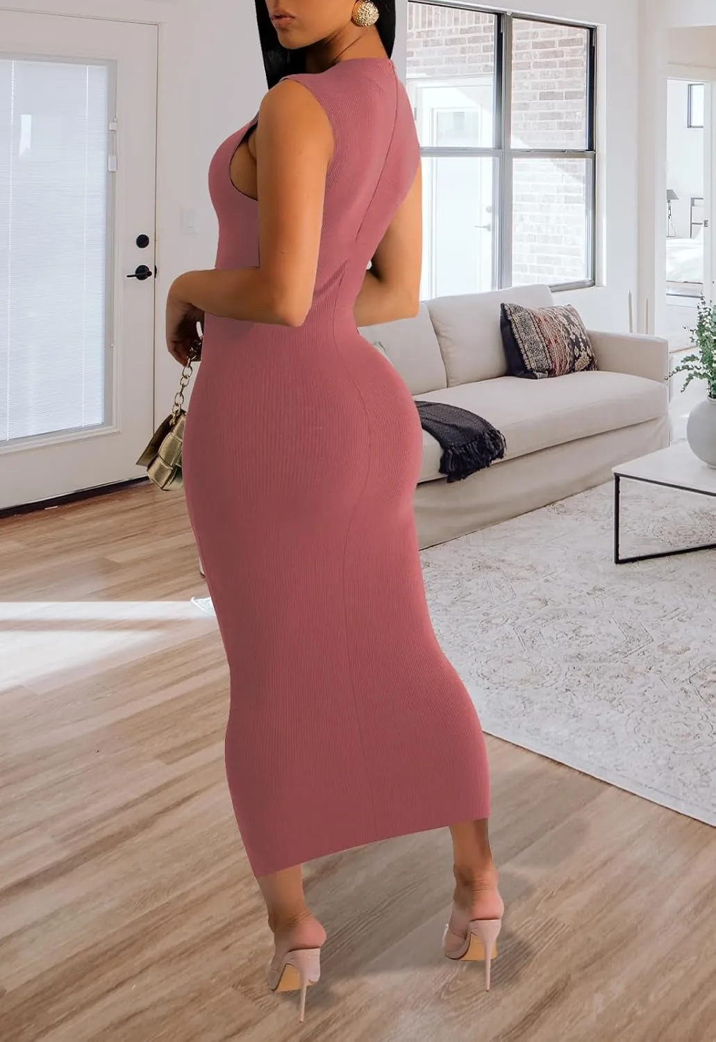 Women's Sexy Casual Bodycon Ribbed Tank Dress Scoop Neck Sleeveless Club Dresses