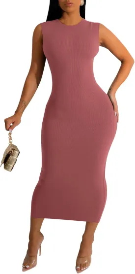 Women's Sexy Casual Bodycon Ribbed Tank Dress Scoop Neck Sleeveless Club Dresses