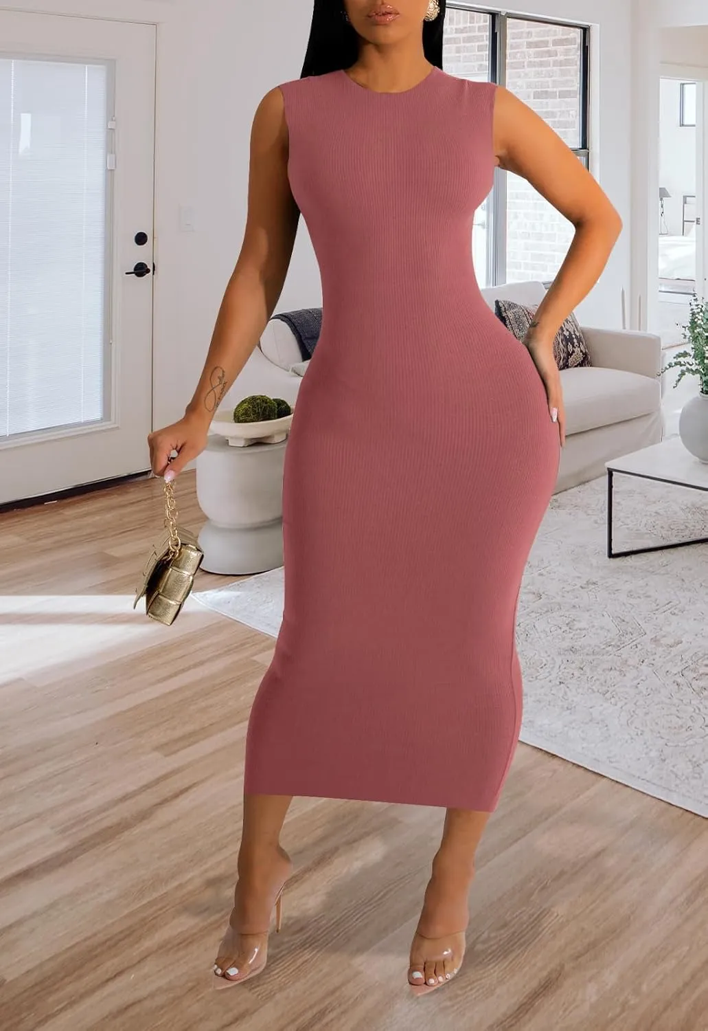 Women's Sexy Casual Bodycon Ribbed Tank Dress Scoop Neck Sleeveless Club Dresses
