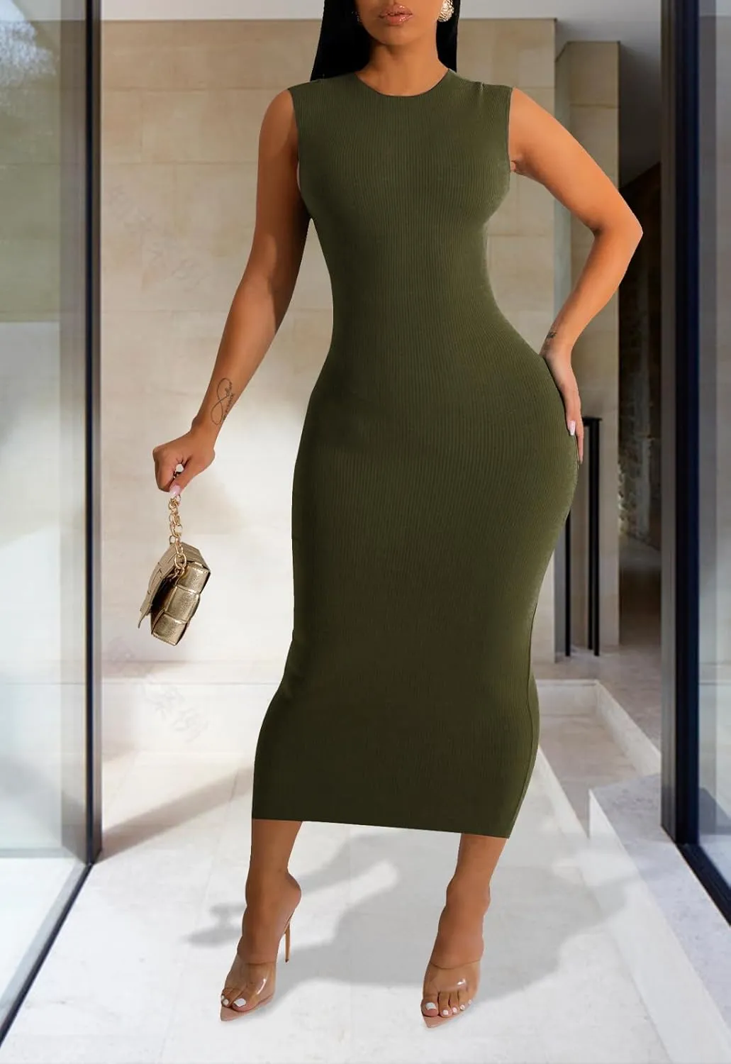 Women's Sexy Casual Bodycon Ribbed Tank Dress Scoop Neck Sleeveless Club Dresses