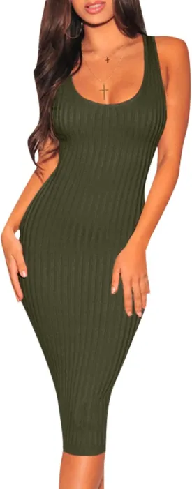 Women's Sexy Casual Bodycon Ribbed Tank Dress Scoop Neck Sleeveless Club Dresses