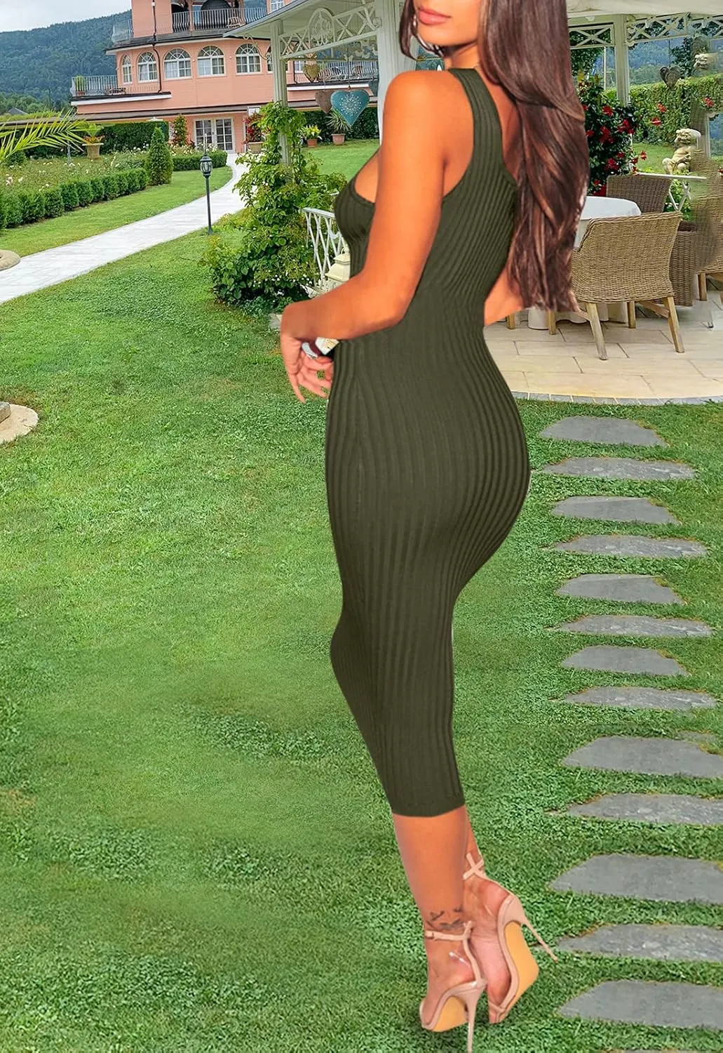 Women's Sexy Casual Bodycon Ribbed Tank Dress Scoop Neck Sleeveless Club Dresses