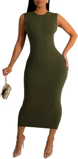 Women's Sexy Casual Bodycon Ribbed Tank Dress Scoop Neck Sleeveless Club Dresses